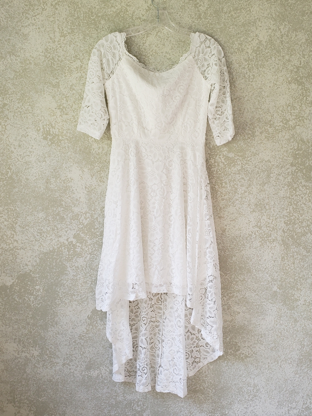 Dressystar White Floral Lace High-Low Dress Off-Shoulder Elbow Sleeve Small